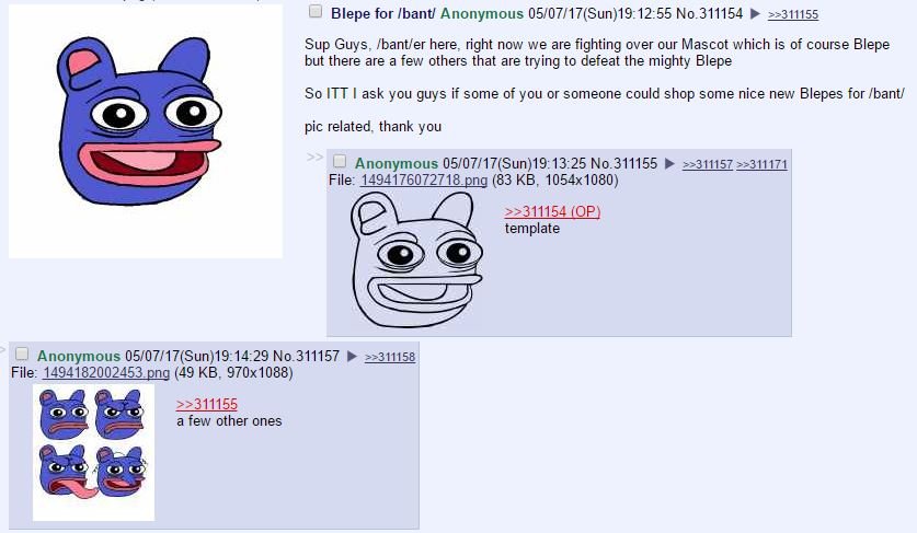 4chan /bant/ thread on May 7 2017 campaigning for Blepe as mascot