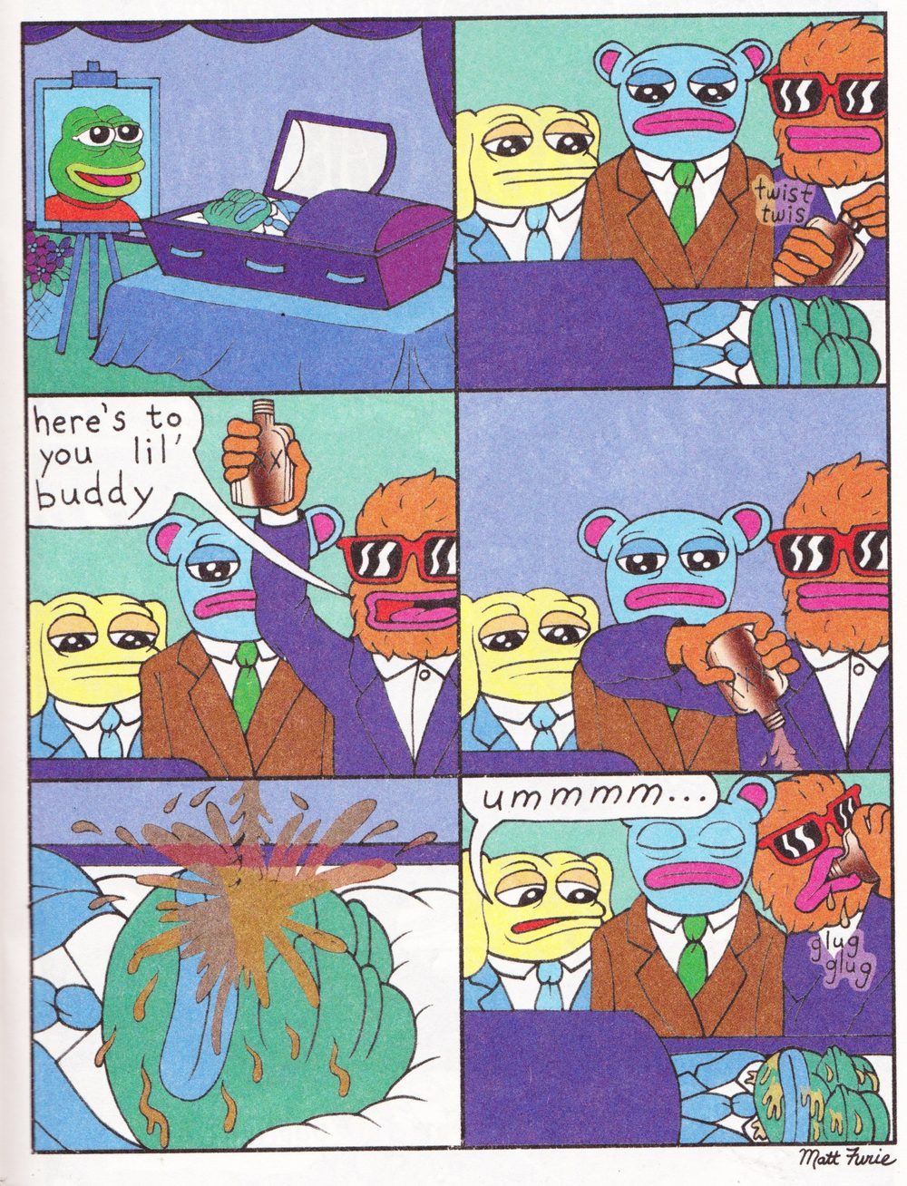 Matt Furie's Boy's Club comic: Pepe's funeral, with Brett the blue character